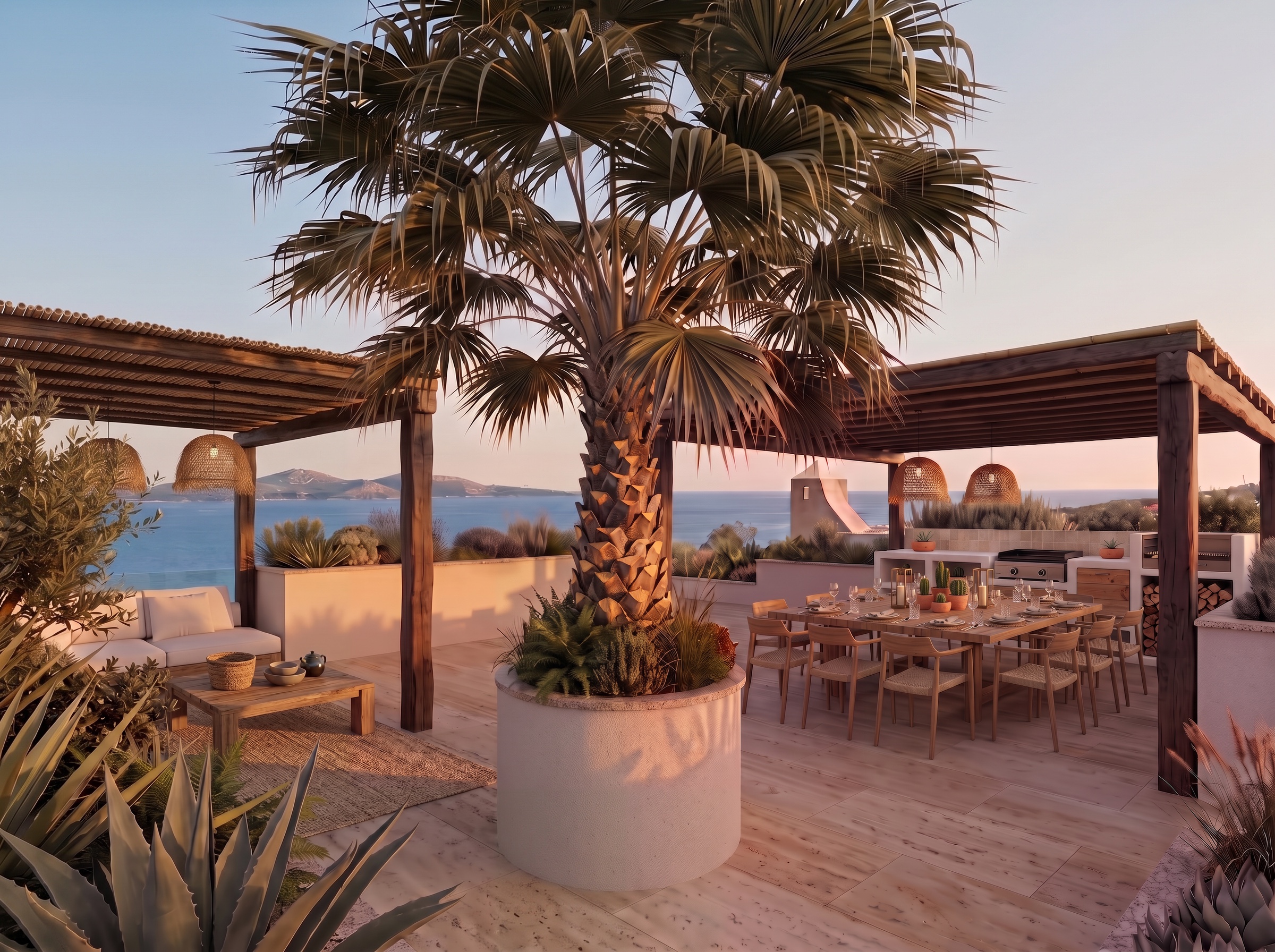 Rendu IA BAJA — terrasse au coucher du soleil